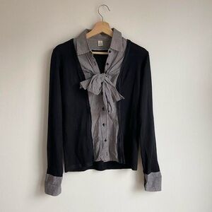 Gingham Button-Up Blouse with Bow